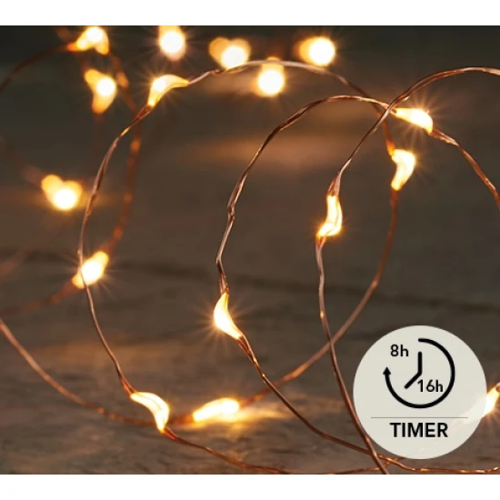 VERLICHTING OP BATTERIJEN (ZONDER BATTERIJ!) INDOOR KOPERRAAD 40L/2M LED CLASSIC WARM - 10CM AANLOOPSNOER TRANSPARANT + TIMER