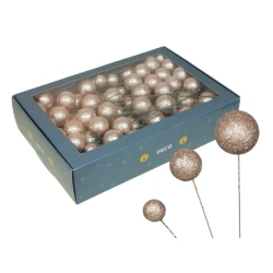 KERSTBOLLEN 20/30/40MM CHAMPAGNE GLITTER OP DRAAD 100ST