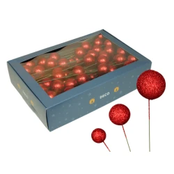 KERSTBOLLEN 20/30/40MM RED GLITTER OP DRAAD 100ST