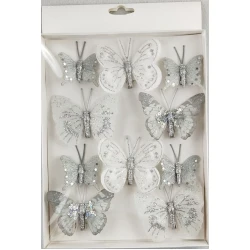 BUTTERFLIES SILVER 6PCS 8CM + 4PCS 5CM WITH CLIP