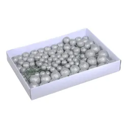 KERSTBOLLEN 20/30/40MM SILVER GLITTER OP DRAAD 100ST