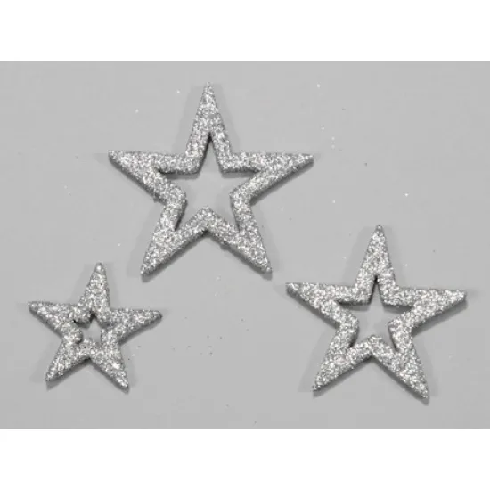 STERREN OPEN GLITTER ZILVER 35X45X55X65MM 24ST